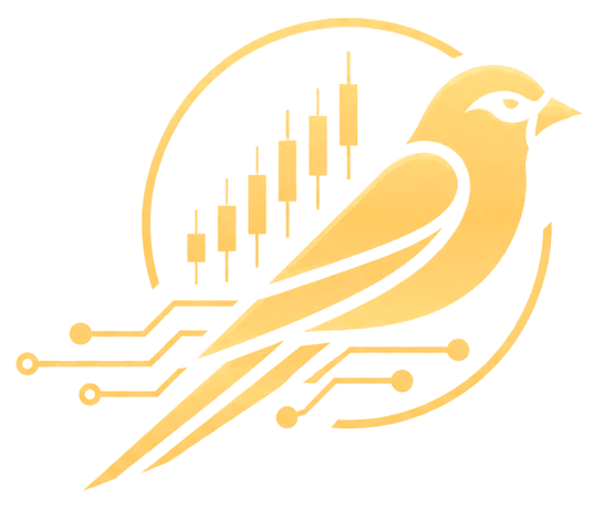 Goldfinch emblem — goldfinch over candlestick chart and circuit traces